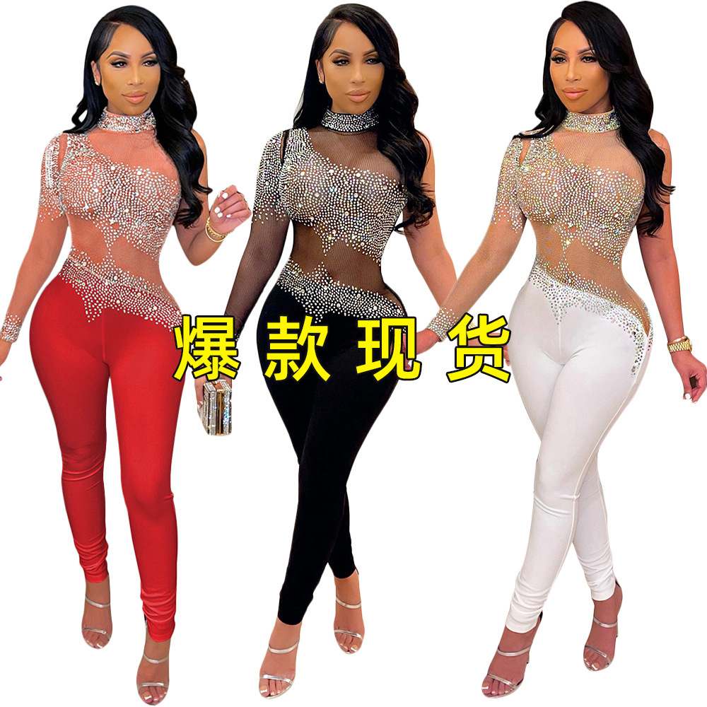 S390212 Aliexpress Cross-Border Foreign Trade Fashion Sexy Mesh See-Through Hot Diamond Pants Long-Sleeved Jumpsuit for Women
