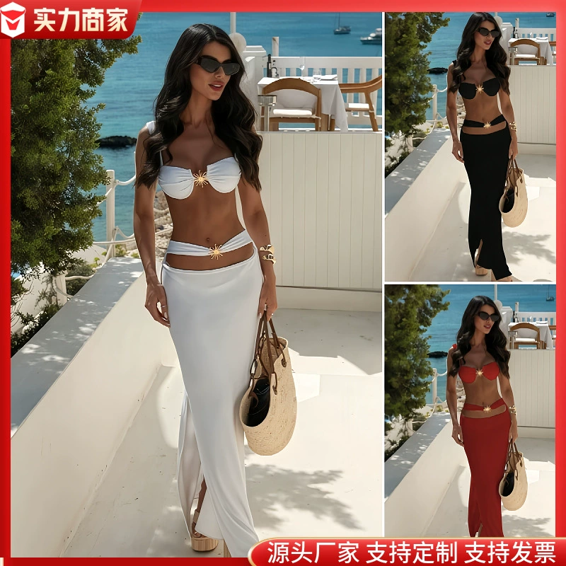 Новый купальник из трех частей с ремешком bikini сексуальный европейский и американский бикини сплошной купальник сплошной цвет стройная пляжная юбка