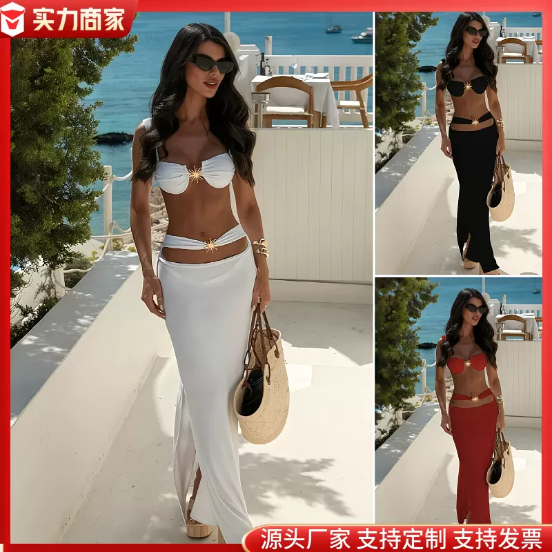 新款三件套泳装绑带bikini性感欧美比基尼分体泳衣纯色修身沙滩裙