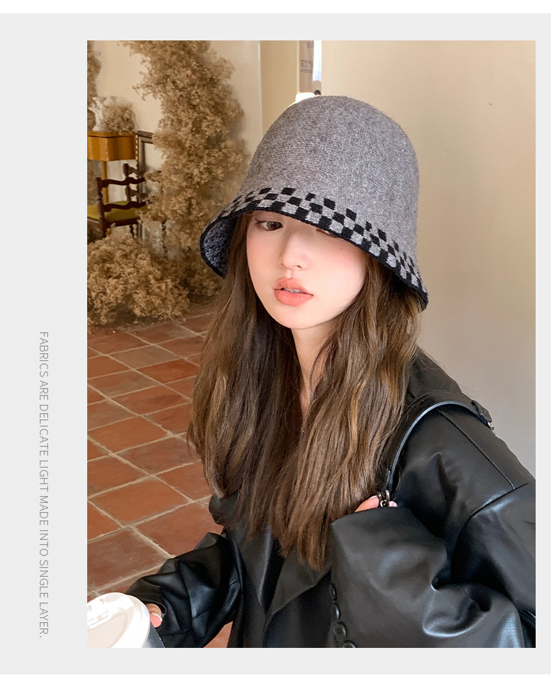 Unisex Korean style autumn and winter new hats for women fashion checkerboard plaid knitted hats versatile wool bucket hats show face small basin hats_voghion.com
