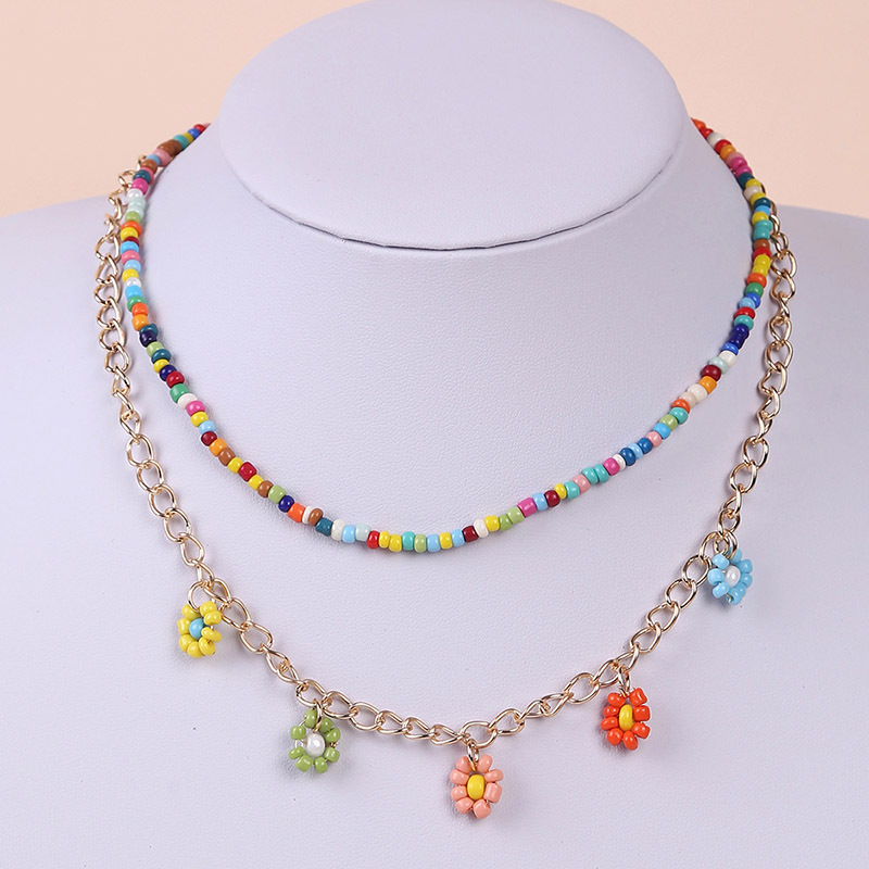 wholesale jewelry bohemian style hand-woven beads flower pendant multi-layer necklace nihaojewelry