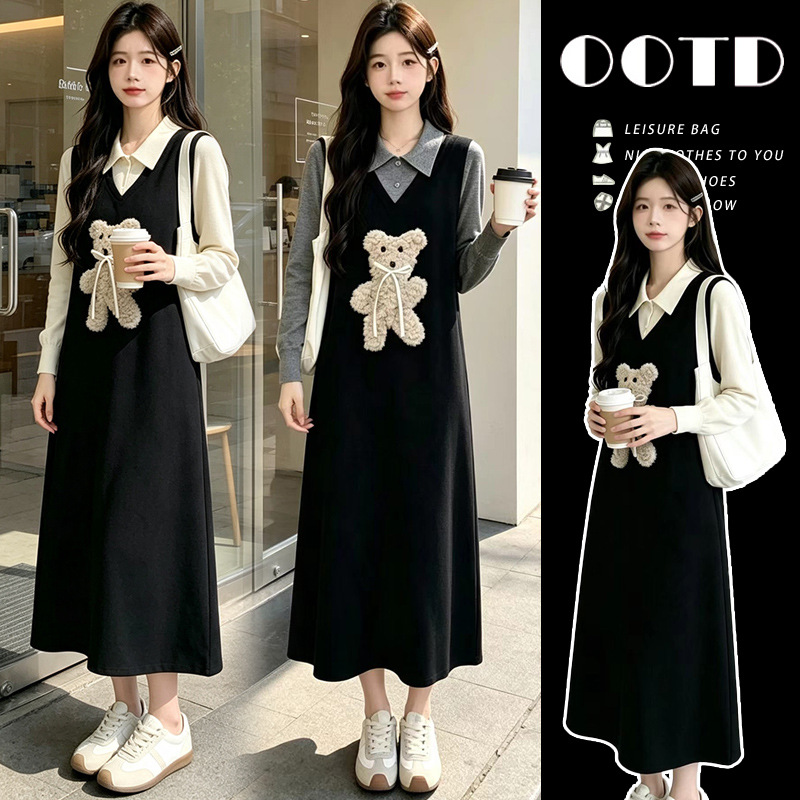 Maternity Wear 2026 Autumn New Korean Style Fashionable Two-in-One Bear Knit Maternity Dress