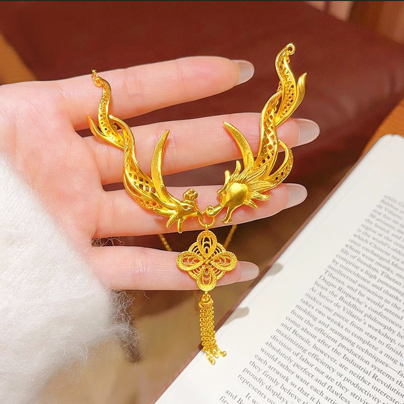 Light Luxury Wedding Dragon and Phoenix Auspicious Hollow Knot Tassel Clavicle Chain Women's National Trend Sand Gold Same Style Ethnic Style Necklace