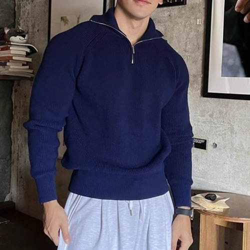 Men's High-Neck Zipper Knit Shirt, American Retro Loose Drop Shoulder Long Sleeve Top, Leisure Style Hooded Sweater Coat