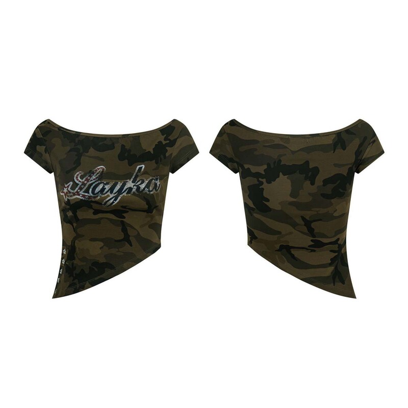 Unbdns Large Neckline American-Style T-Shirt for Women, Summer Camouflage Print, Slim Fit, Irregular Design, Trendy Short-Sleeve Top Unbdns Large Neckline American-Style T-Shirt for Women, Summer Camouflage Print, Slim Fit, Irregular Design, Trendy Short-Sleeve Top