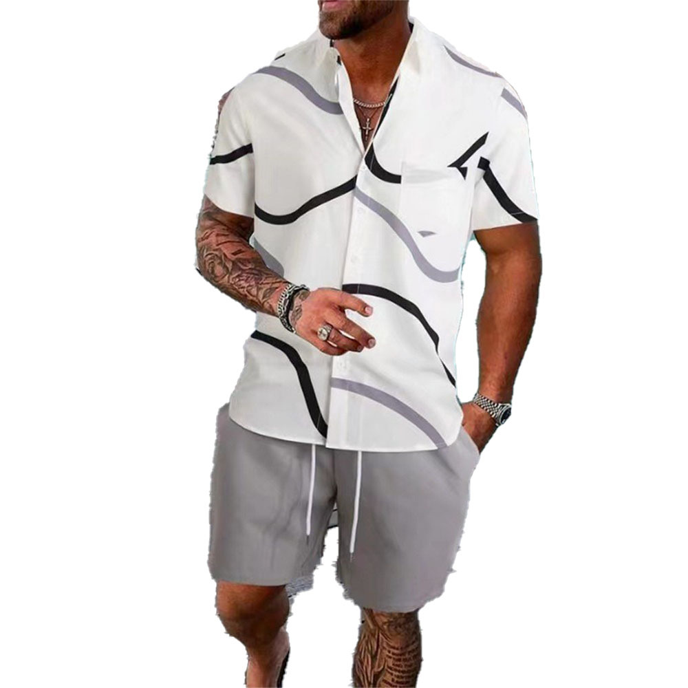 국경 간 새로운 남성 패션 하와이 비치 캐주얼 정장 3D 인쇄 반팔 셔츠 비치 반바지