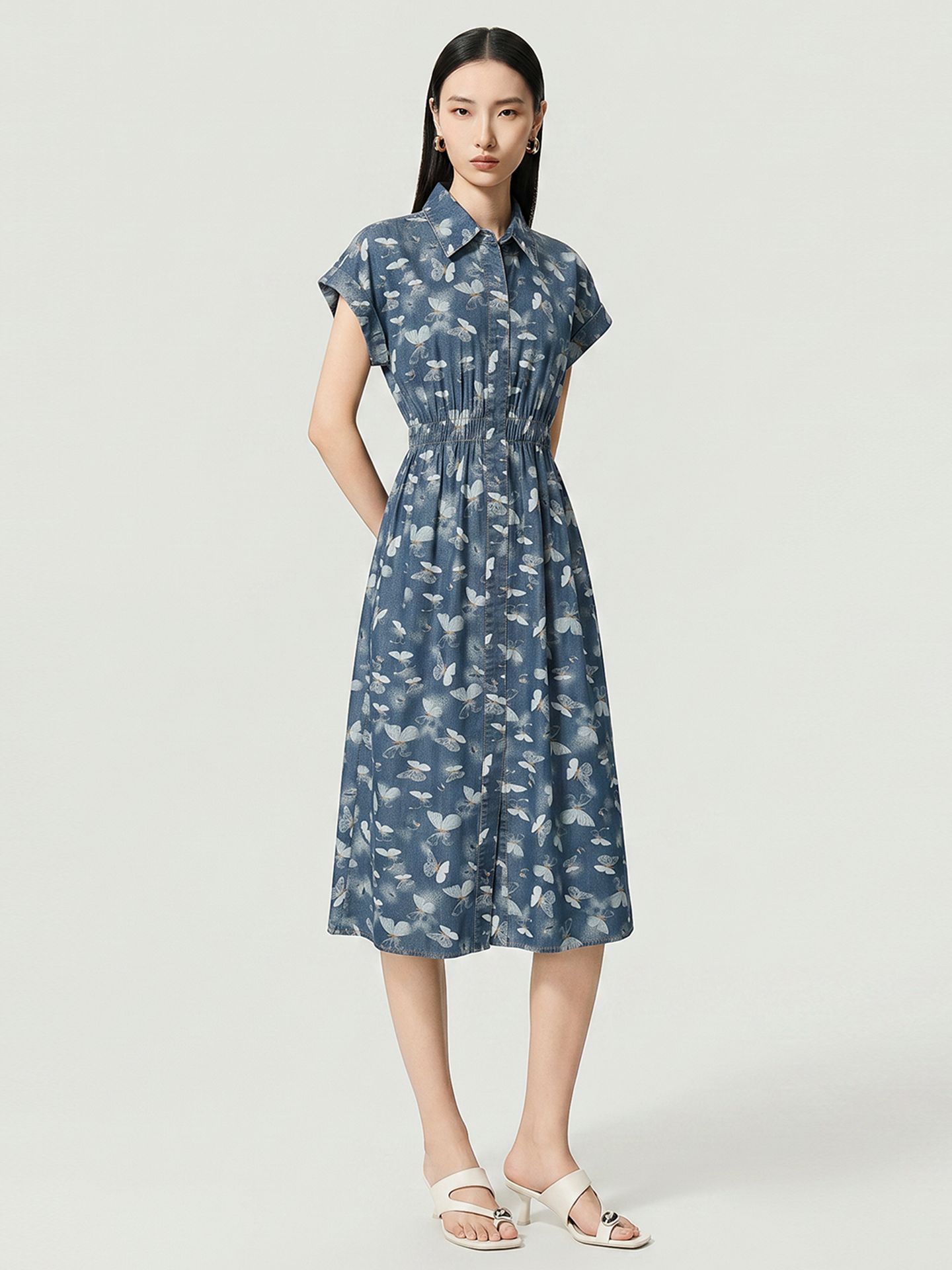 Đầm maxi nữ in họa tiết hoa bướm chất denim nhẹ thắt eo — Cao bồi xanh