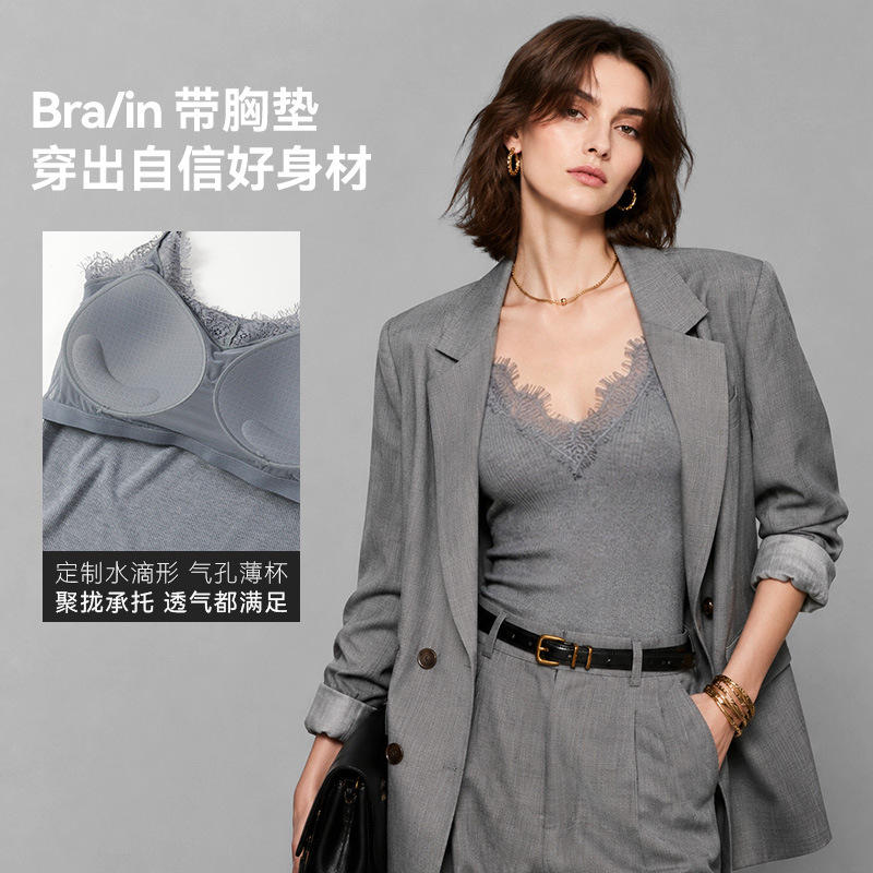 Eyelash Lace High-End Camisole with Chest Pads for Women, Summer V-Neck, High Elasticity, Slim Fit, Breathable, Can Be Worn Outside, Knitted Top