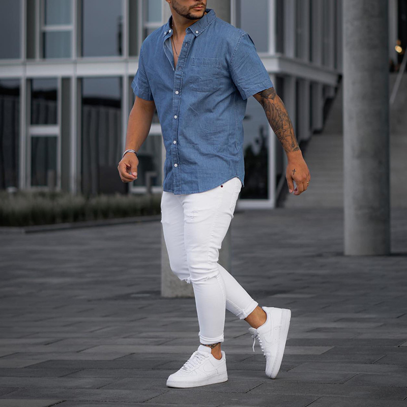 Herren Kurzarm Denim Hemd Einfarbig Locker Geschnitten_voghion.com