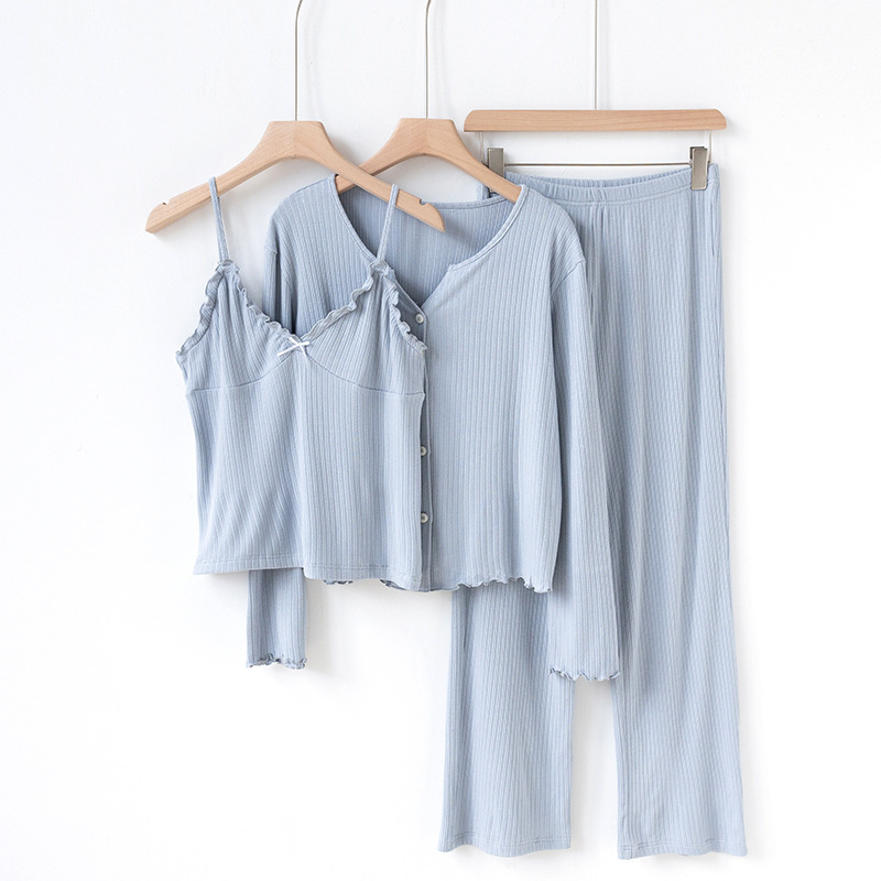 Micro-Elastic Knit Ribbed Camisole + Long-Sleeve Top and Long Pants Three-Piece Pajama Set for Women, Spring and Summer Thin Cotton Cross-Border Loungewear