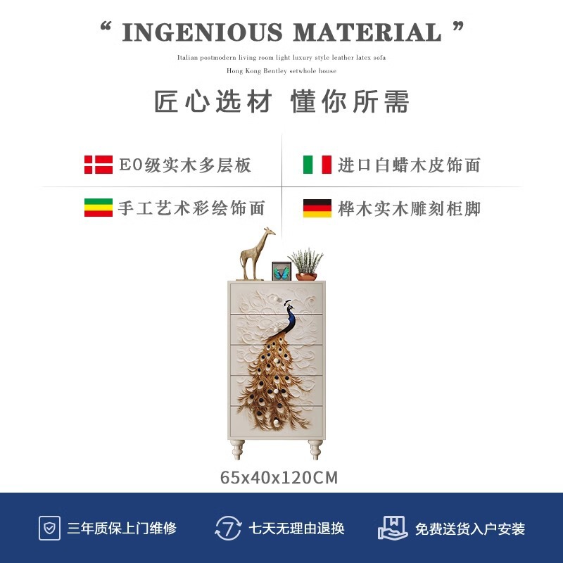 アメリカ式の軽い豪華な風の五斗のタンスの家庭用寝室の木のロッカーの現代の簡単な芸術の孔雀の彩色の絵の引き出しのタンス|undefined