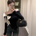 跨境工厂韩系长袖针织衫女春秋辣妹短款上衣蝴蝶结一字领露肩抖音