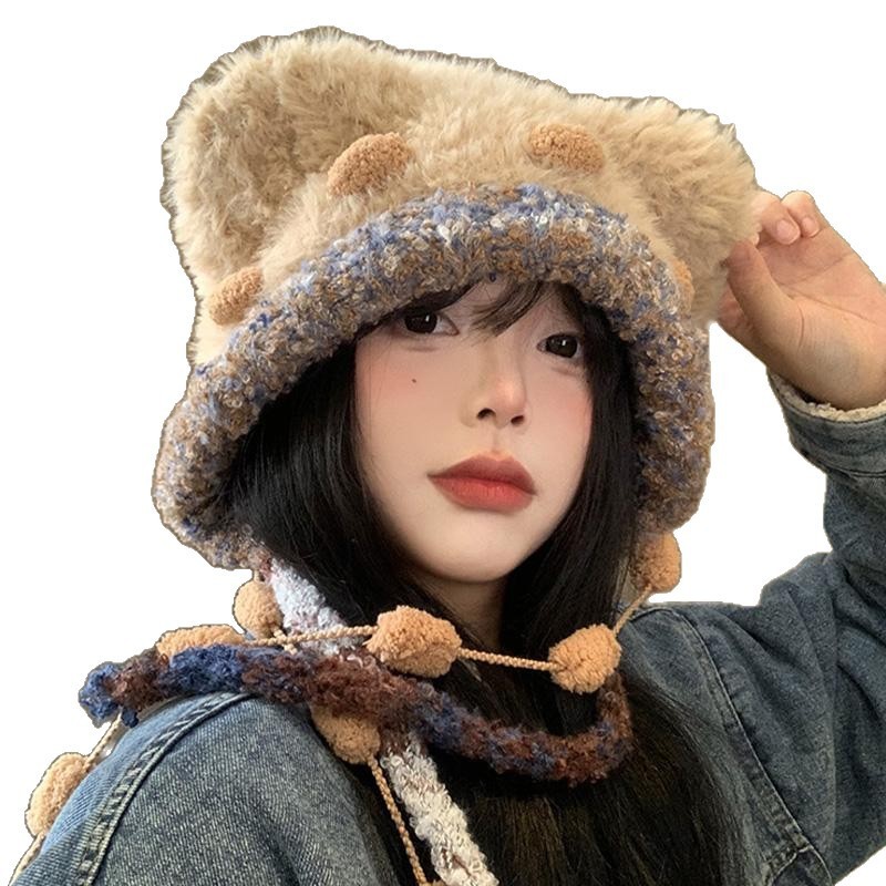 小熊耳朵毛绒帽子女秋冬季显脸小针织护耳帽保暖防寒套头雷锋帽子|undefined