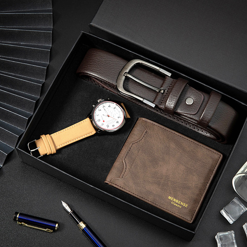 新款男士手表 休闲简约3件套手表套装礼盒男款腕表钱包腰带代发