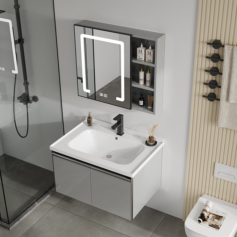 Engrosado espacio integrado de aluminio mueble de baño lavabo combinación de gabinete de cerámica montado en la pared de baño mesa de lavado