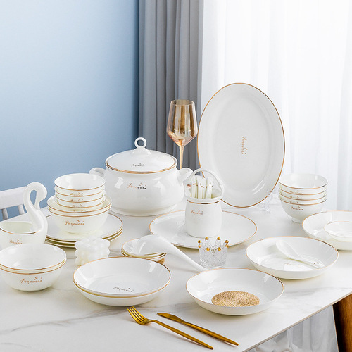 Set of tableware European style home bowl and chopsticks light luxury bone china moving gift tableware ceramic bowl and plate
