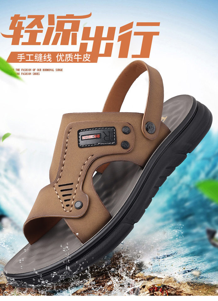 Dép sandal nam da bò thật hở ngón thoáng khí đi ngoài trời mùa hè — 56137 màu nâu nhạt, Màu xám 56137 chi tiết 2