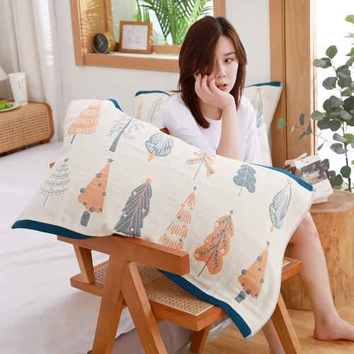 WBZ7 Pure Cotton Pillow Cover Four-layer Gauze Adult Household Pillow Cover Cotton Old Coarse Soft Couple Style Four Seasons One