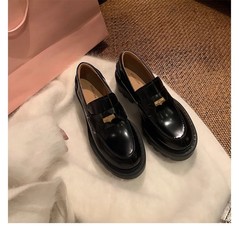 牛皮版~miu家金币厚底增高乐福鞋女春季新款圆头一脚蹬英伦小皮鞋