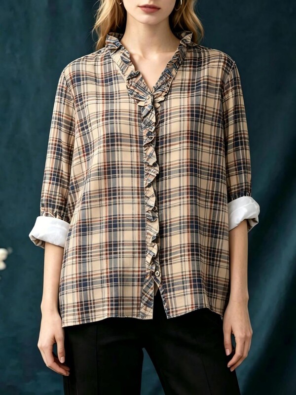 Loose Drapey Straight-Cut Long-Sleeve Shirt with Ruffled Edges, V-Neck, Slimming and Flattering Plaid Top for Work Loose Drapey Straight-Cut Long-Sleeve Shirt with Ruffled Edges, V-Neck, Slimming and Flattering Plaid Top for Work