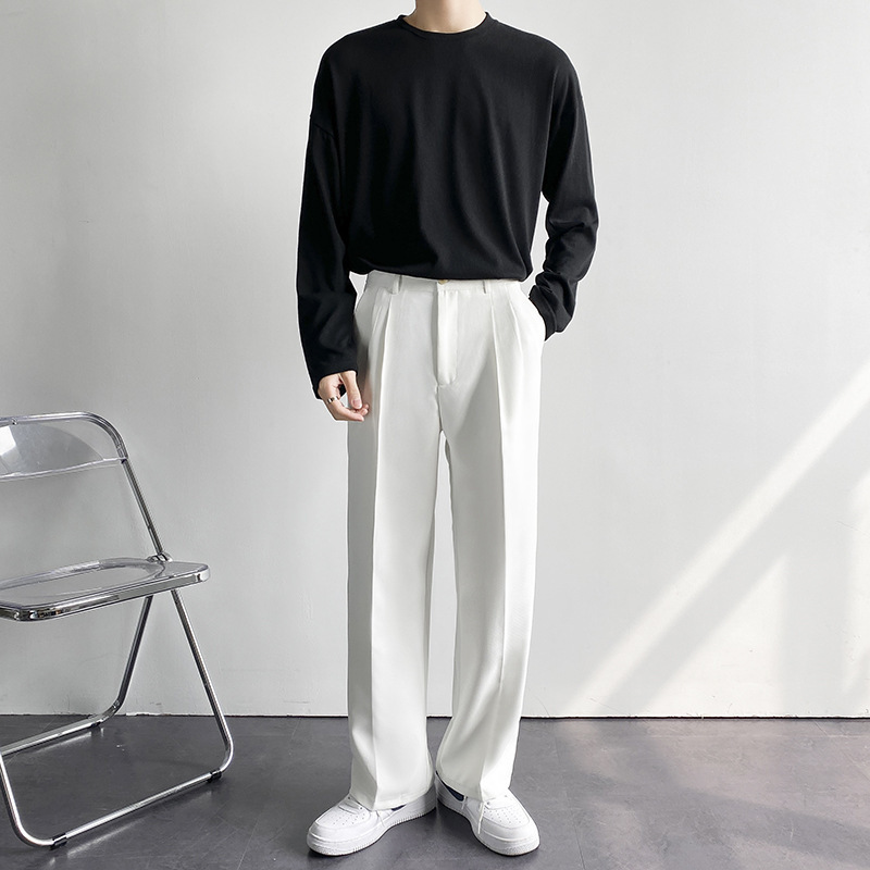 Primavera y otoño Corea del Sur celebridad de Internet drapeado pantalones de traje recto hombres sueltos coreano casual blanco Pantalones anchos pantalones de fregona