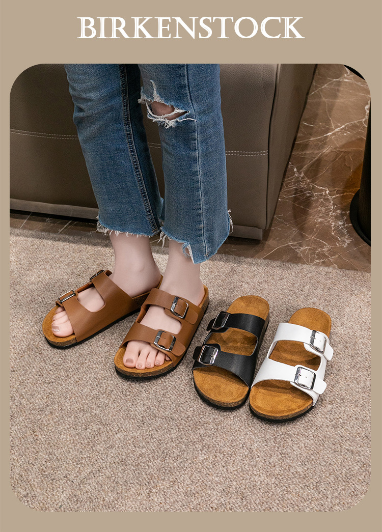 Women's Leopard Print Cork Sandals With Double Buckle Flat Sole_voghion.com
