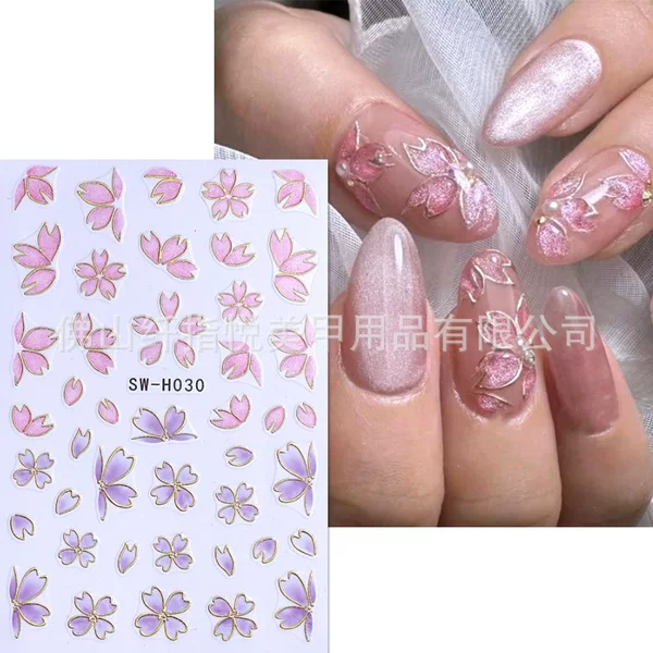 Cross-border hot nail stickers wholesale ins Japanese bronzing cherry petals leaves small fresh spring and summer nail stickers