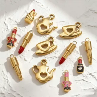 美妆茶具造型吊坠口红茶壶茶杯滴油挂件 DIY不锈钢手链饰品配件