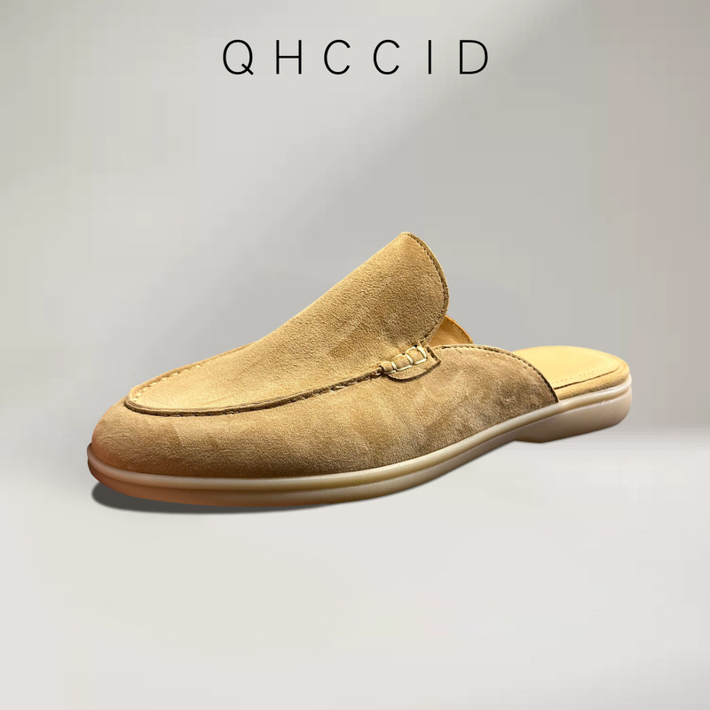 Old Money Style Sheepskin Suede Mules for Men, Summer Breathable Casual Closed-Toe Slippers, Genuine Leather Slip-On Outdoor Sandals