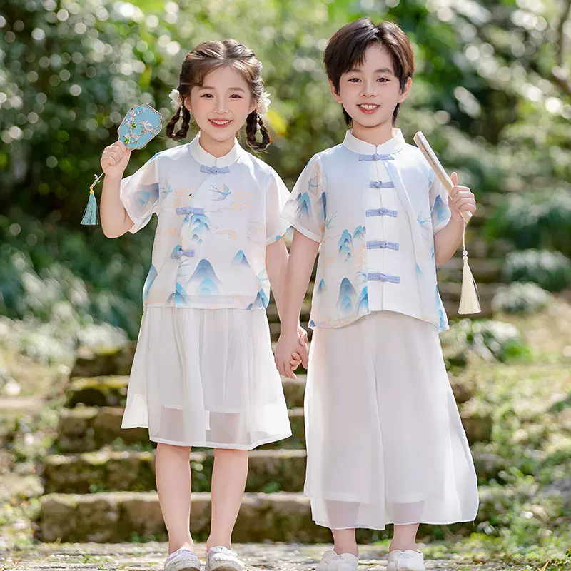 男女童汉服夏装短袖儿童唐装古风超仙中国风六一儿童节幼儿园套装