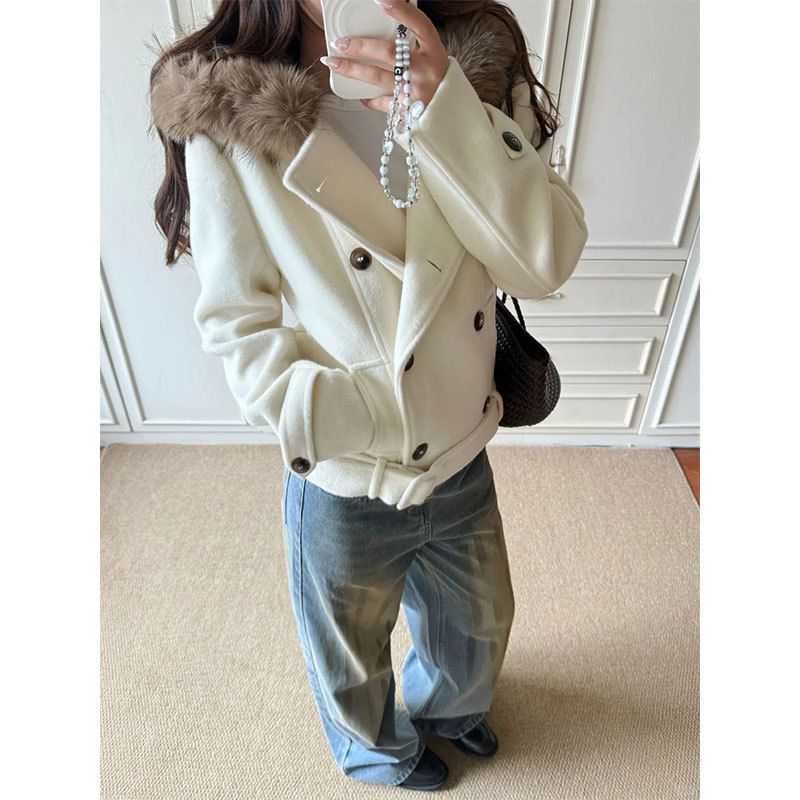 Morning Collar [Thickened Warm German Velvet 450g] French Double-Breasted Wool Coat for Women with Fur Collar and Hood for Autumn and Winter