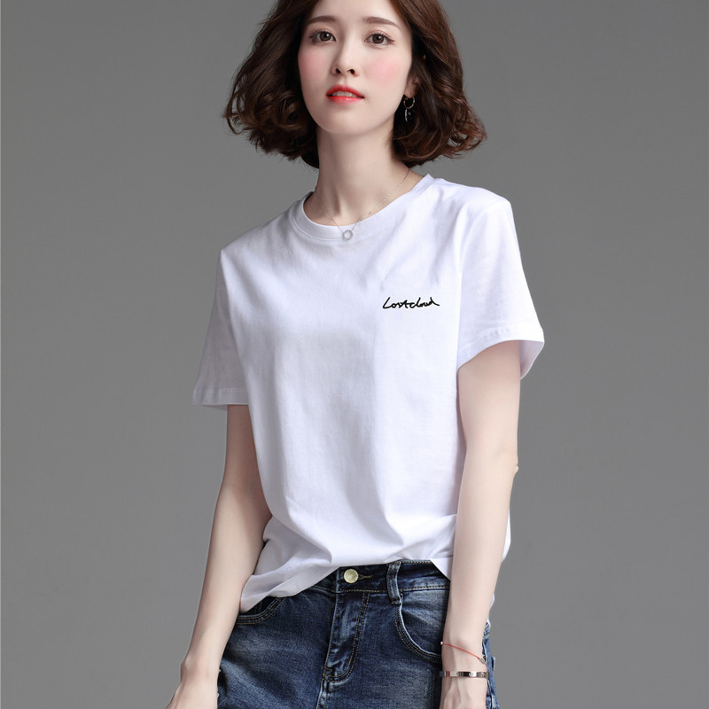 Summer women's round neck short-sleeved cotton T-shirt women's 2022 new fashion embroidered letter loose cotton T-shirt women's top