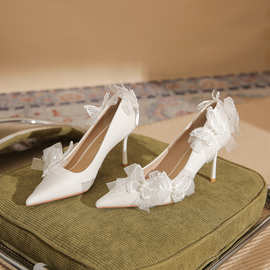 83109【羊皮】高跟鞋女细跟2024新款尖头气质白色蕾丝婚纱新娘鞋
