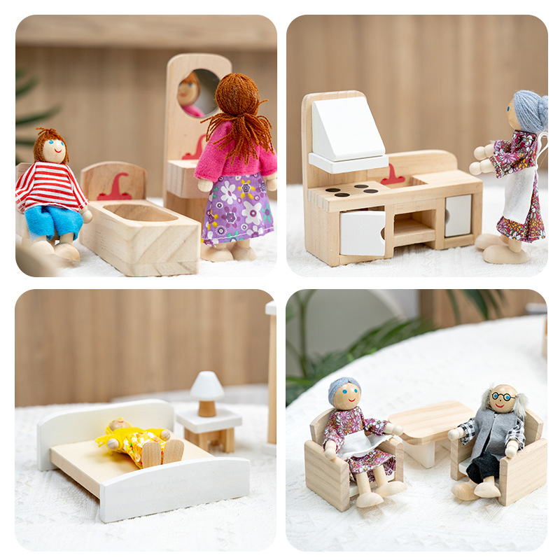 Simulación de niños transfronterizos pequeños muebles de madera maciza modelo de muñeca sala de accesorios de escena juego de juguetes de puzzle