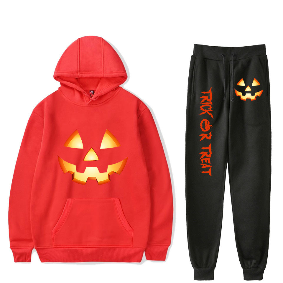 Women's Clothing creative pumpkin ghost face cartoon hooded sweatshirt leggings sports suit_voghion.com