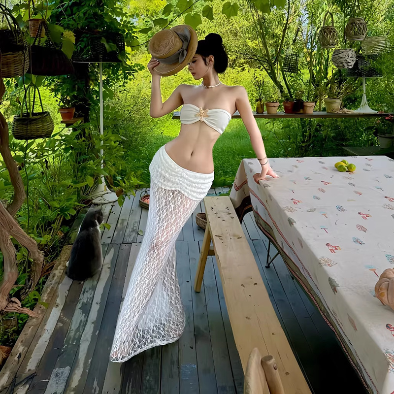 2026 Summer New Women's Three-Piece Swimsuit Set for Beach Vacation, Ruffled High-Waisted Long Skirt Swimwear for Hot Girls