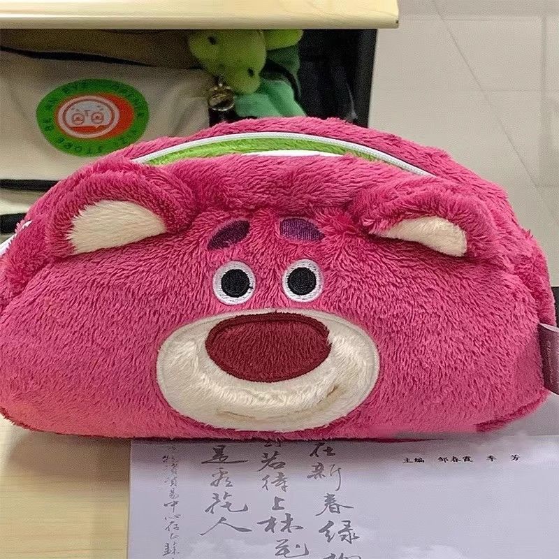 可愛卡通草莓熊三眼仔大容量軟fufu筆袋雙面可用毛絨絨文具收納袋