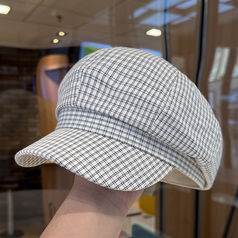 多用途でファッショナブルなチェック柄の八角形帽子、春と夏の薄いスタイルのペインターハット、大きな頭囲、英国のレトロなベレー帽|undefined