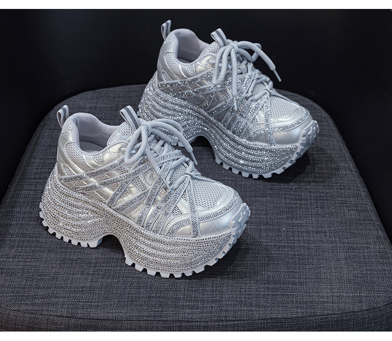 Giày sneaker nữ đế dày phong cách dad shoes, gót 5 cm, đính đá lấp lánh — Đỏ 5052, Xám 5052, Be 5052 chi tiết 28
