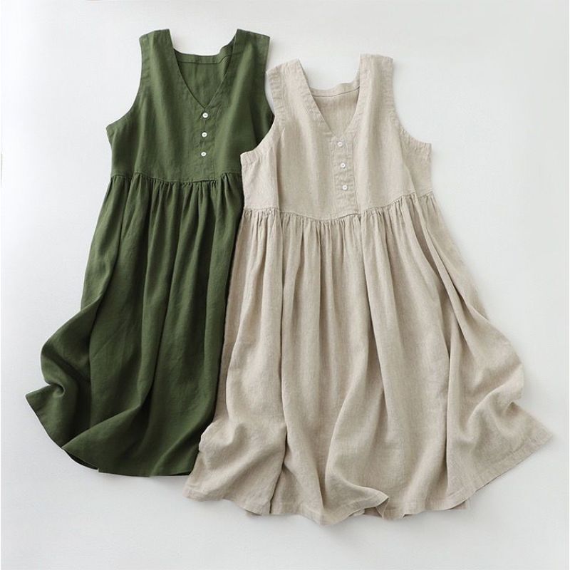 Women's A-Line Skirt Japanese Style Simple Pure Color Vest Dress Women's Summer Loose Large Size Belly-Covering Age-Reducing Sleeveless Dress Women's A-Line Skirt Japanese Style Simple Pure Color Vest Dress Women's Summer Loose Large Size Belly-Covering Age-Reducing Sleeveless Dress
