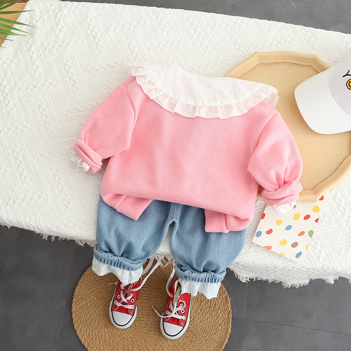 Baby spring and autumn clothing  new girls sweet cardigan three-piece set for small and medium-sized children casual children's suit hair