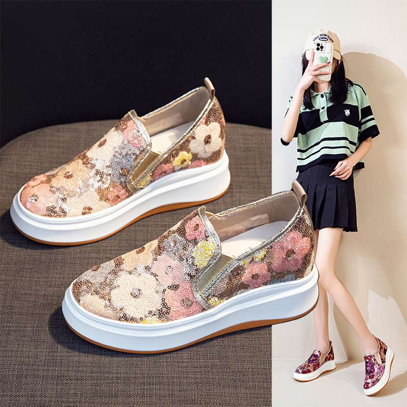 Inner Heightening Slip-On Loafers for Women in Spring, Summer and Autumn Sequined Flower Mesh Shoes Breathable Lazy Wedge Heels for Women