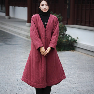 Cotton and Linen Women's Autumn and Winter New Chinese Zen Style Retro Buttoned Extended Coat Cotton Robe 4 Colors
