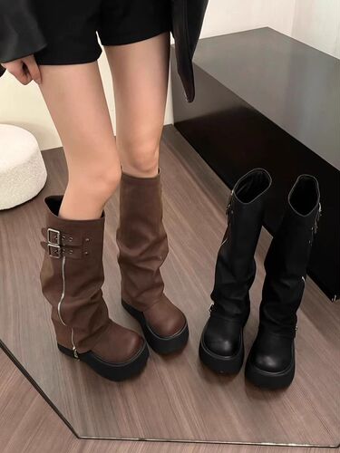 European-style women's slimming knight boots, 2025 new spring/autumn versatile ankle-high boots with thick soles for added height—perfect for petite figures