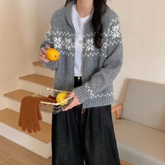 复古费尔岛撞色提花毛衣女秋冬新款慵懒风宽松双拉链针织开衫外套