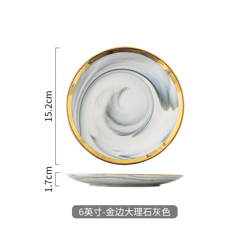 Nórdico creativo borde dorado cerámica marmolado placa Occidental Placa de pasta hogar Placa de filete Placa de postre Placa de oscilación