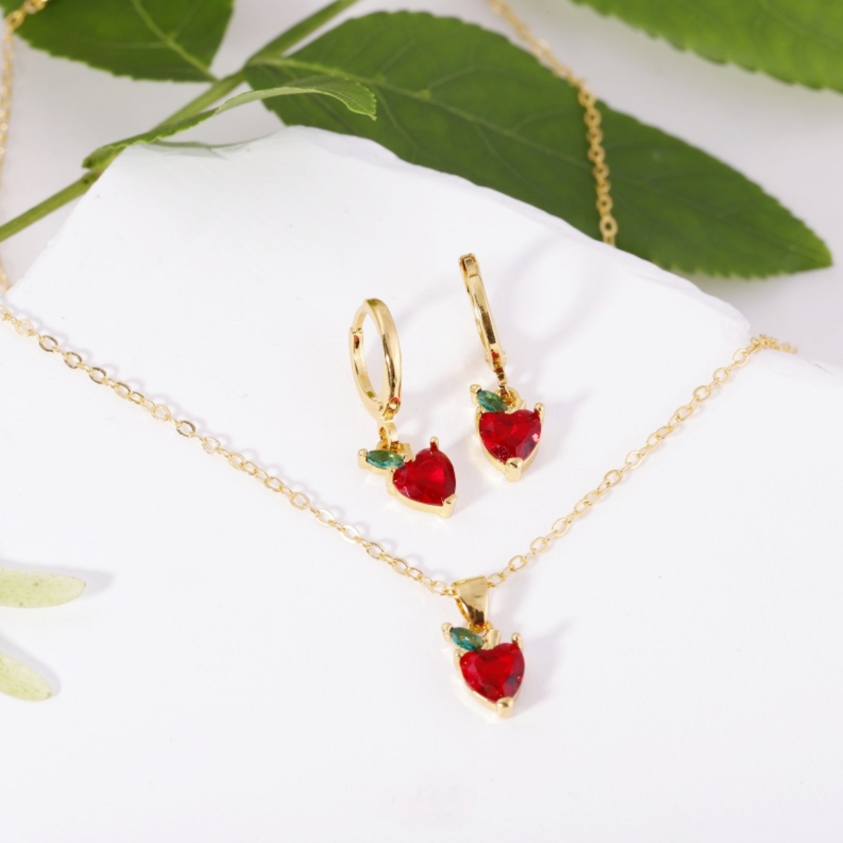 Fruit Earring Necklace Set Colorful CZ Zircon Earrings Grape Cherry Piercing Jewelry Gold detail image 26