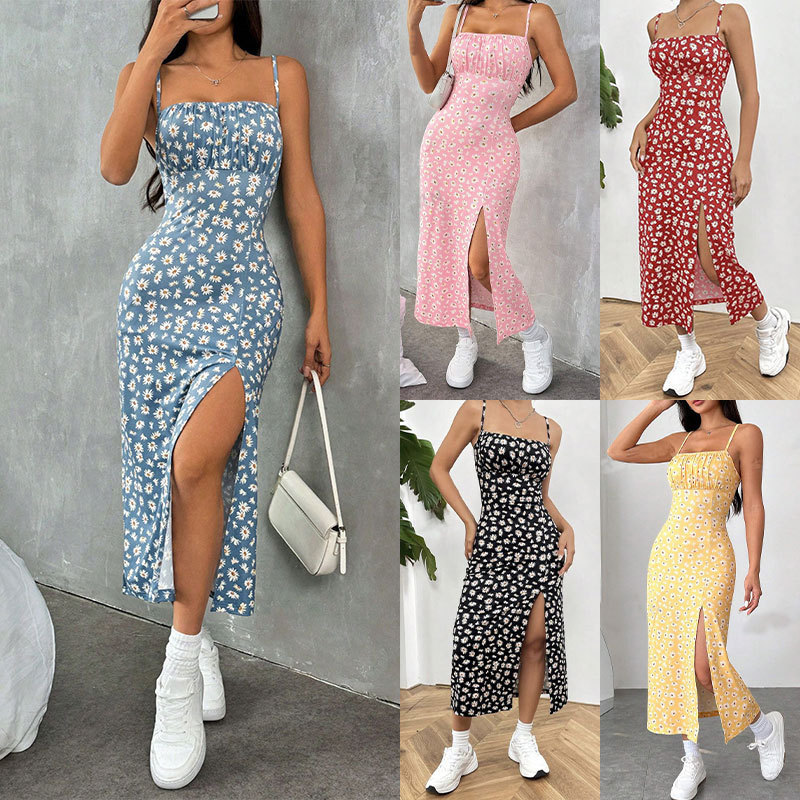 2025 Foreign Trade New Amazon Spring and Summer Suspender Strap Wrap Chest Slit Small Daisy Hip-Hugging Printed Mid-Length Dress for Women