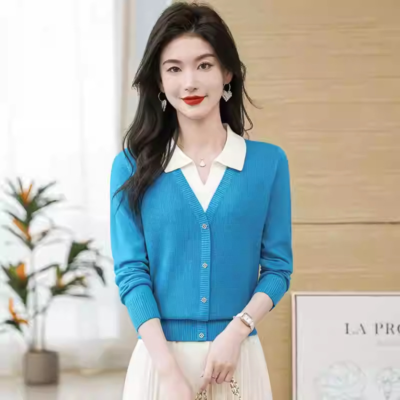 假两件POLO领针织衫毛衣女秋冬新款拼色高档保暖韩版短款打底上衣|undefined
