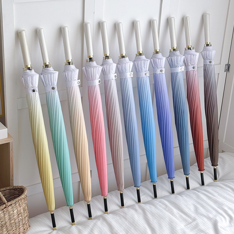 Solid Color Leather Straight Handle Umbrella Japanese and Korean Style Hong Kong Style Thick Reinforced 16-Bone Straight Umbrella Small Fresh Simple Advertising Umbrella